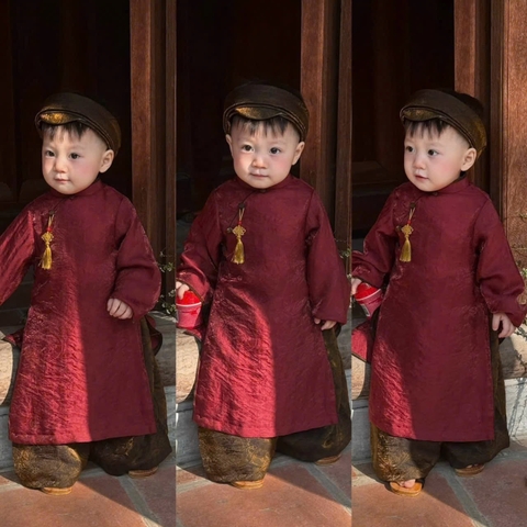 Bt825- Bộ áo dài đũi đỏ xước- nâu  bé trai kèm vấn đầu