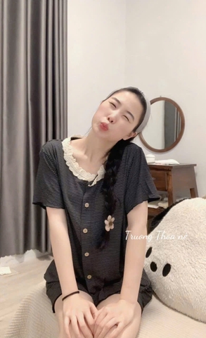 SET577- Set thun kẻ đen ngang viền ren dáng cộc chất mềm