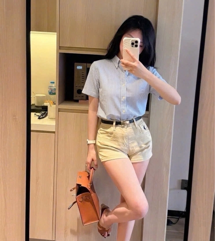 A611-Áo sơ mi kẻ xanh cộc tay thêu ngựa hàng nhà máy đủ tem