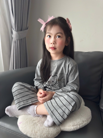 SET780- Bộ mặc nhà gia đình  áo thun quần kẻ suông xám đậm