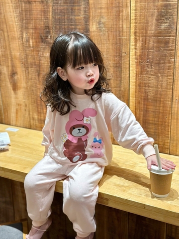 BN186-Bộ nỉ thu đông dài tay bé gái THỎ HỒNG VNXK