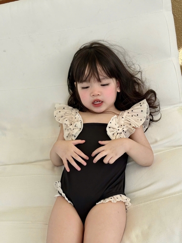 BT482- Bộ bikini đen phối bi bé gái liền mảnh