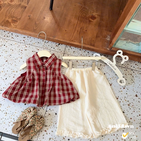 damgai08- Bộ áo kẻ caro mix quần suông màu be