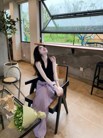 Set672- Set áo thun đen mix Quần đũi tím cạp chun