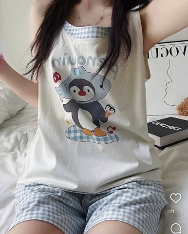 Set890- Bộ thun cotton mặc nhà sát nách phối quần short kẻ xanh