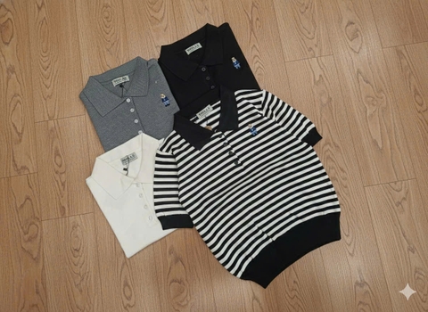 A471- Áo len dệt kim cộc tay cổ bẻ thêu gấu 4 màu hàng nhà máy đủ tem mác