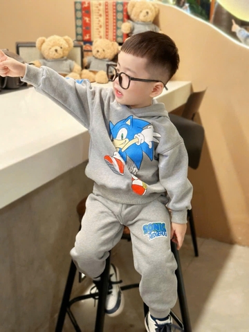 BN182 (9-26kg) Bộ nỉ thu đông dài tay bé trai Sonic màu xám có mũ VNXK