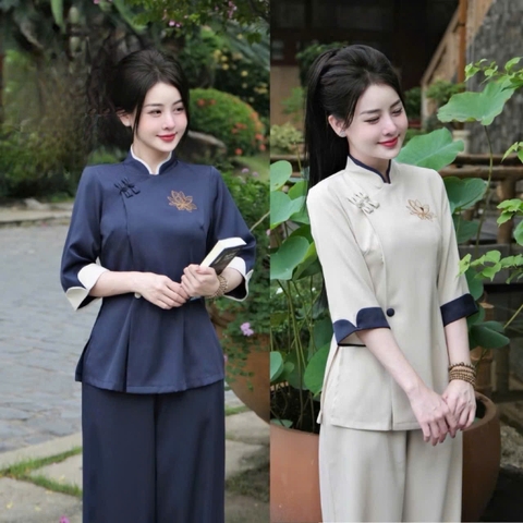 🌿SET253- PHÁP PHỤC ĐI CHÙA THÊU SEN 2 MÀU  THAN-BE