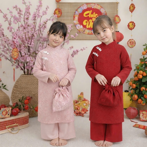 [KEM TUI] bt812- bộ áo dài ren thêu bé gái kèm túi đỏ-hồng