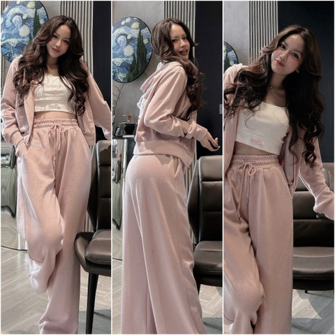 [KEM ÁO TRONG] Set817- Set 3 cho tiết tăm lông thêu màu hồng quần suông