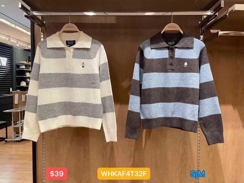 A472- Áo len kẻ ngang to phối cổ bẻ thêu tag 2 màu