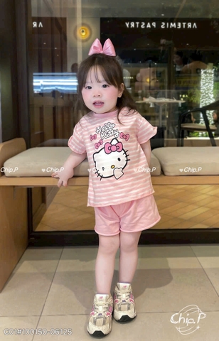 bt9010-Combo 2 bộ KITTY kẻ ngang quần đùi chất cotton bé gái