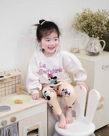 Bn148- (8-25kg)- Bộ nỉ thu đông dài tay bé gái Mickey cam trắng VNXK