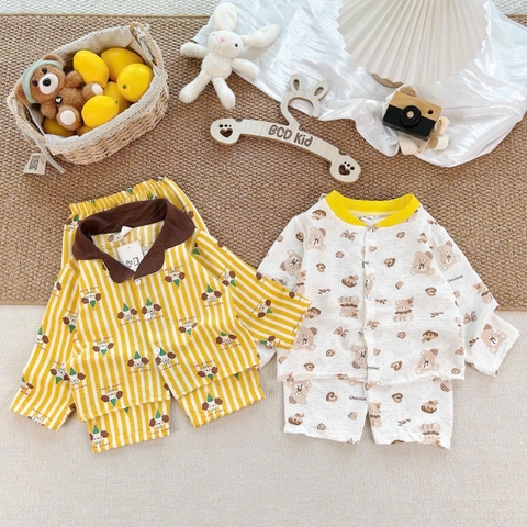 BT1086- Combo 2 bộ pijama vàng trắng cổ đức-cổ tròn