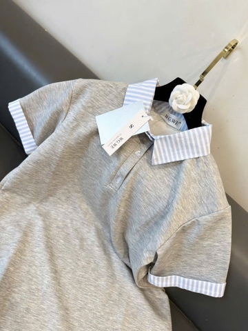 DAM150- đầm zip suông phối kẻ cổ đức 2 màu than-ghi