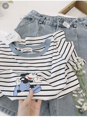 SET719-Set áo thun kẻ mickey phối quần jean