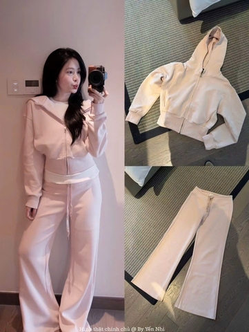Set1051- Set áo nỉ hồng có mũ phối quần suông