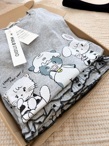 SET913-Set quần áo đôi mẹ con vải cotton cộc màu xám bi