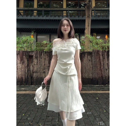 SET738- Set áo tăm đính hoa thủ công phối chân váy trắng 2 lớp