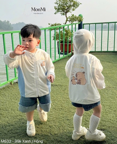 BT312- Áo thông hơi trắng phối có mũ trẻ em hoạ tiết in