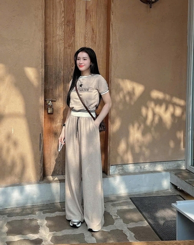 Set333- Set áo len lông thỏ cộc phối quần suông dài