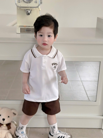 Bt870-Bộ áo polo trắng phối quần kaki nâu cạp chun cho bé 8-26kg