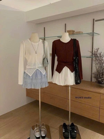 A366-Áo thun giấy dài tay xếp ly 2 màu đỏ đen
