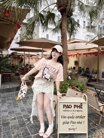 A309- Áo phong kitty loang 2 màu hồng-vàng dáng suông