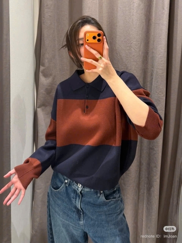 469-áo len cổ polo kẻ ngang cam đỏ phối than full tem