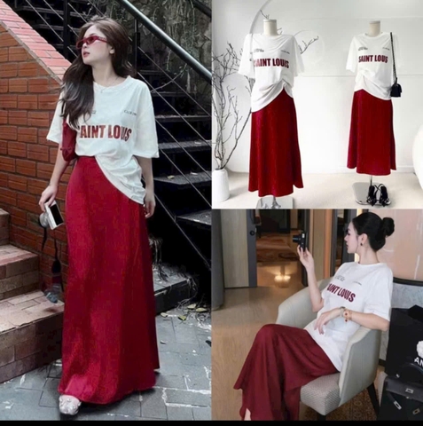 SET343-❗️SÉT ÁO CỘC TRẮNG CHỮ SAINT MIX CV ĐỎ❗️
