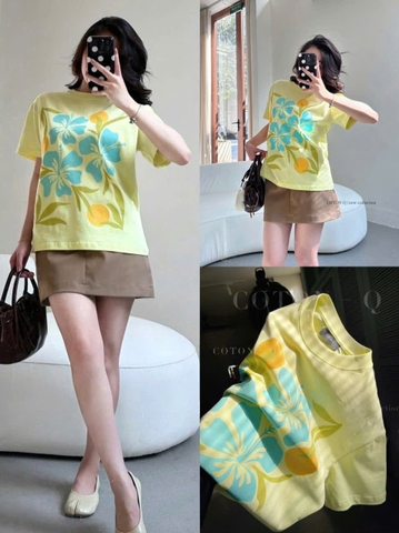 A476-Ao thun vàng in hoa full tem dáng suông loại đẹp