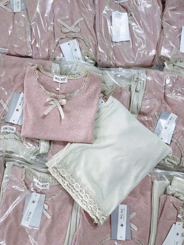 Set492- Set áo len mongtoghi hồng mix quần lien chân ren màu b e