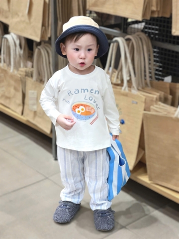 BT608-Bộ thun dài tay RAMEN áo trắng dài phối quần dài kẻ xanh