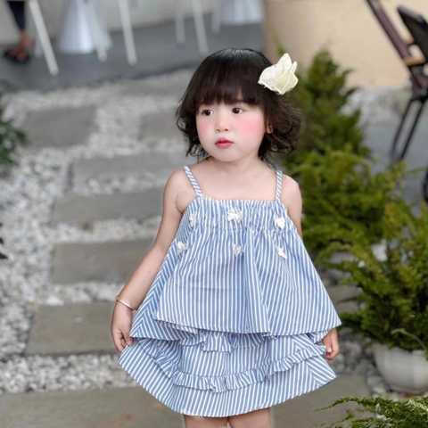 SETKID048-Set áo dây kẻ xanh đính nơ trắng