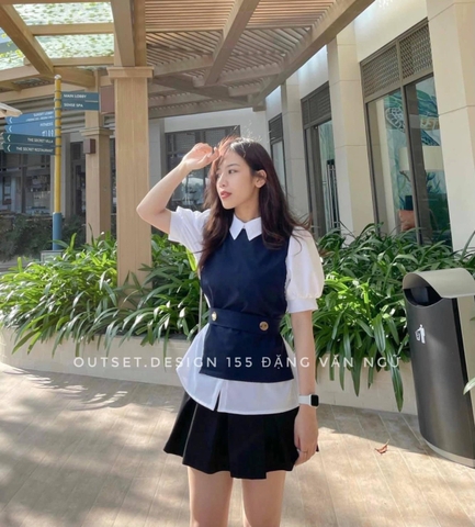 Áo sơ mi cổ đức phối 2 màu kèm belt rời