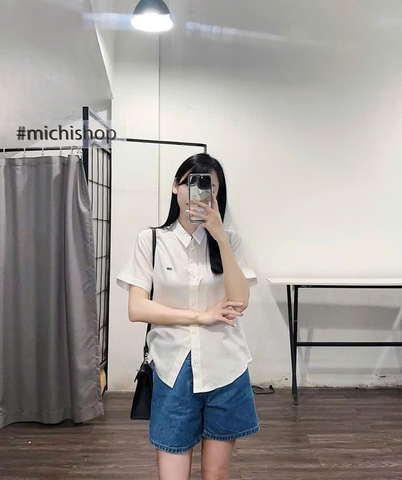 A244-Áo sơ mi TÔM MỲ 2 màu kẻ bọc viền cổ logo thêu