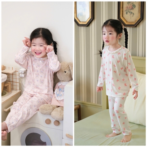 CB166-(8-26kg) Combo 2 bộ thun tăm dài tay bé gái nơ hồng VNXK