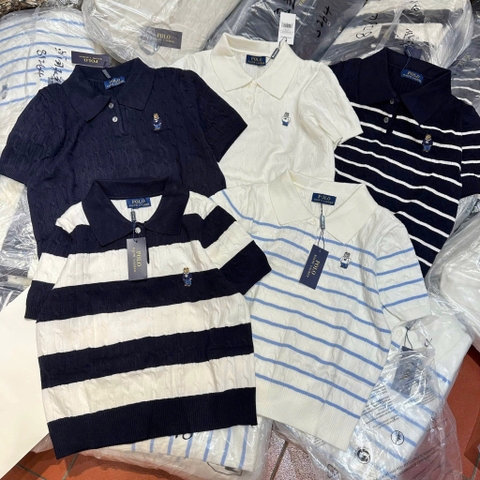 A376-Áo len cộc tay Quảng Châu cổ kẻ thêu gấu 5 màu