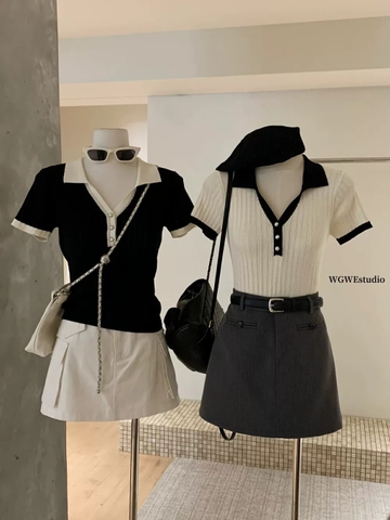 A310- Áo polo len dệt kim cộc tay vải tăm 2 màu đen trắng