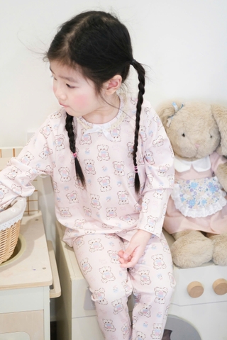 CB166-(8-26kg) Combo 2 bộ thun tăm dài tay bé gái nơ hồng VNXK