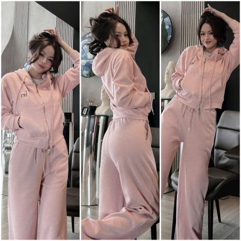 Set801-Set mặc nhà có mũ nỉ díp lông màu hồng phối quần suông