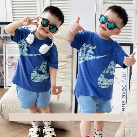 BT454- Bộ Nai xanh dương áo cotton mix quần nỉ mì