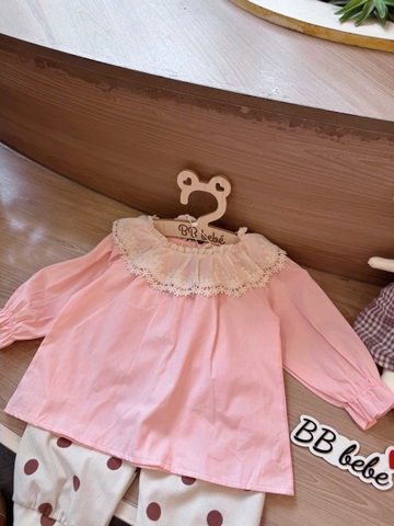 BT609-Bộ dài tay bé gái áo cổ ren phối quần dài bo gấu