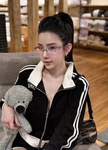 Set727- Set nỉ haida dài tay khoá đen viền trắng phối quần short