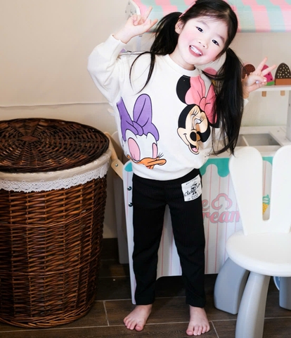 BN157-(8-26kg) Bộ nỉ thu đông bé gái mickey trắng tím quần đen VNXK