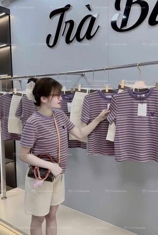 Set665- Set áo thun sọc ngang mix quần short jeans màu be