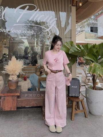 Quan034- quần jeans hồng nhạt tặng kèm đai dáng suông nấm dài 95cm