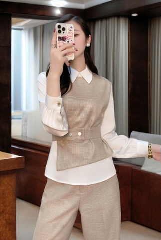 Set341- Set đồ nữ áo gile đai phối quần suông thanh lịch
