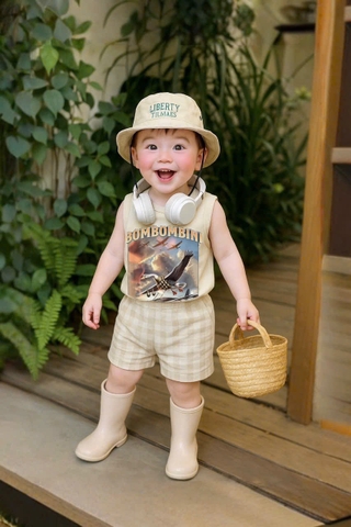 Bt586- Bộ BOM BOM quần kẻ màu be chất cotton