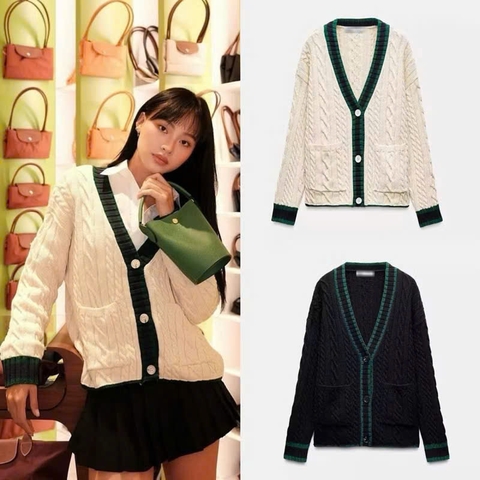 A342-Áo len cadigan vặn thừng bo viền 2 màu be than